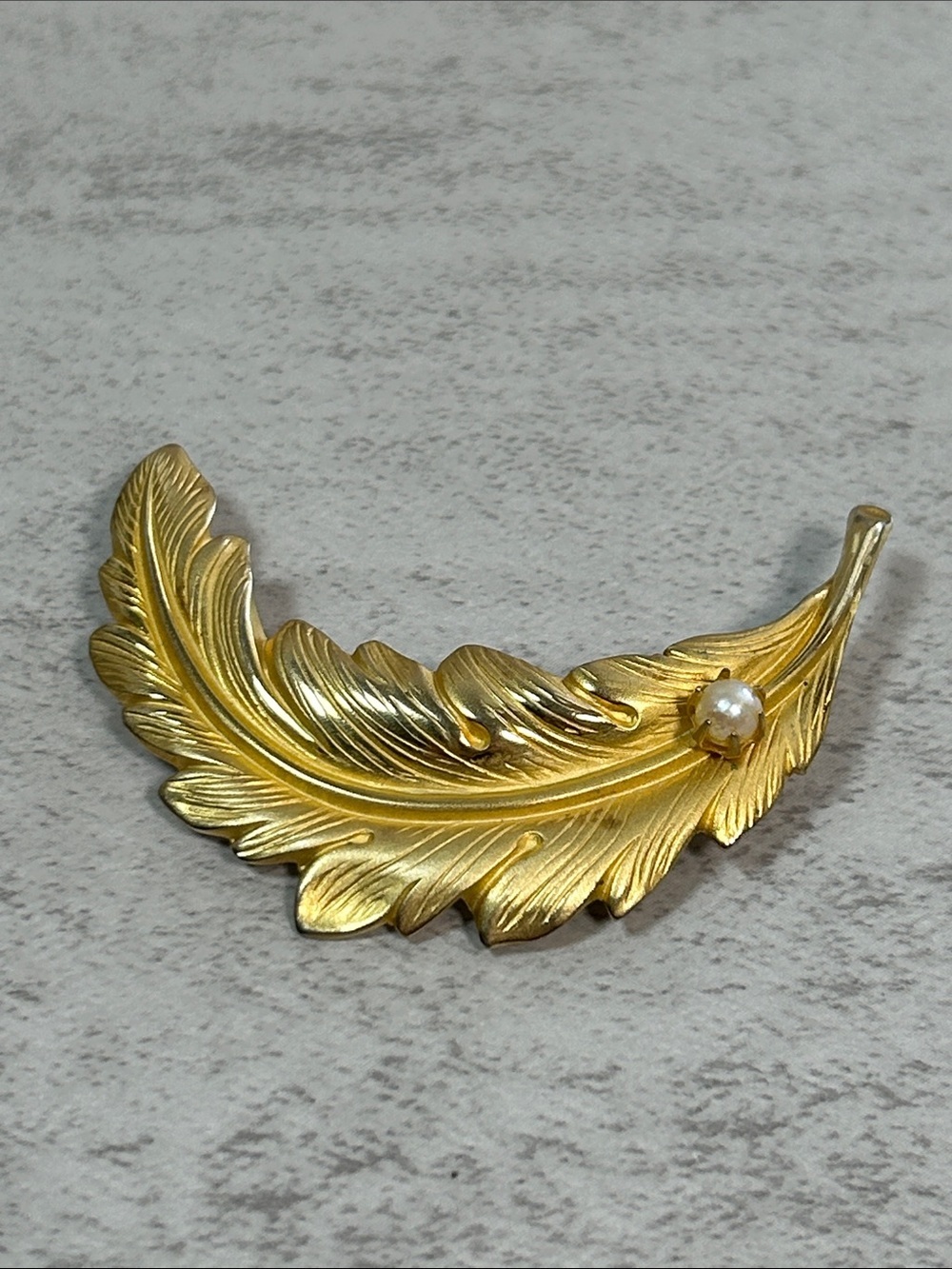 Gold Feather Brooch with Pearl Accent - Women Jewelry